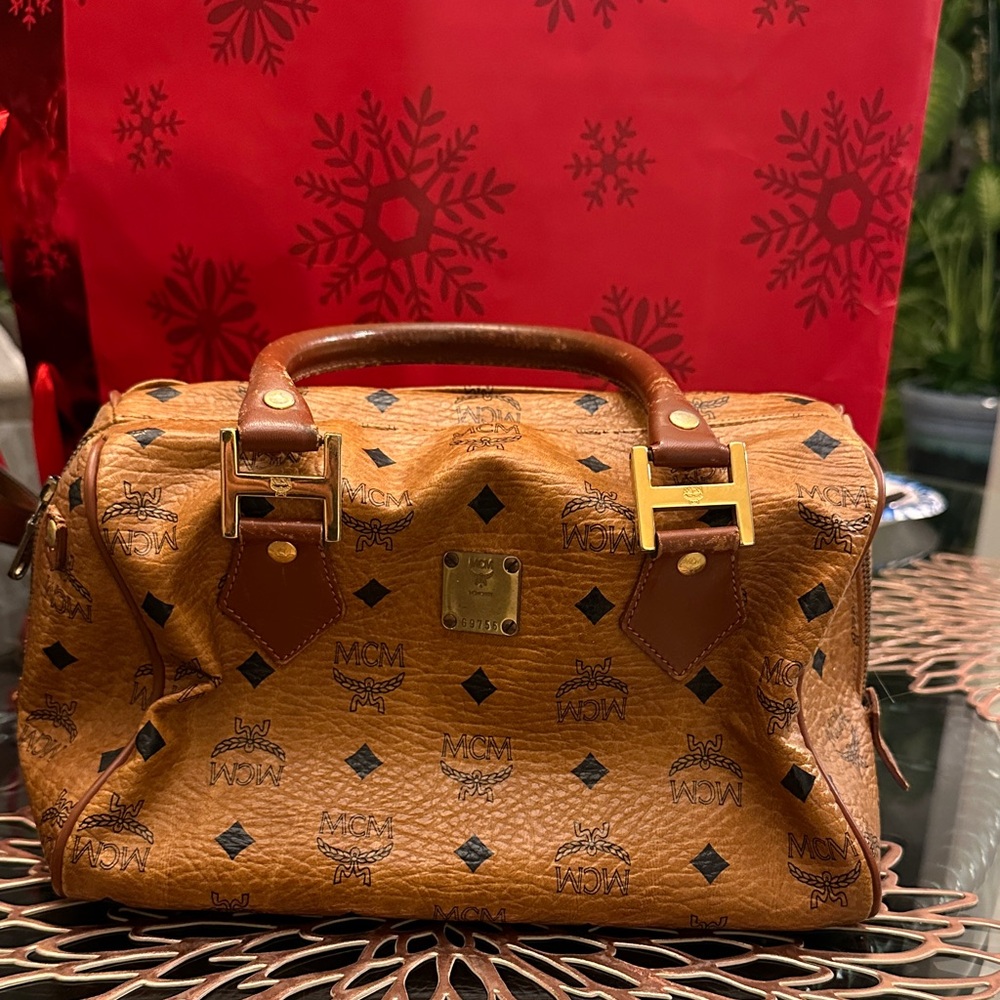 MCM Tan Monogram Satchel with Gold Accents